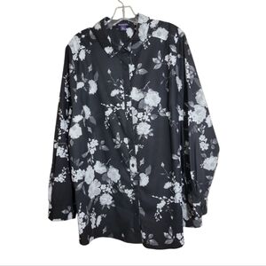 Roaman's plus size black white gray floral button down shirt size 20W